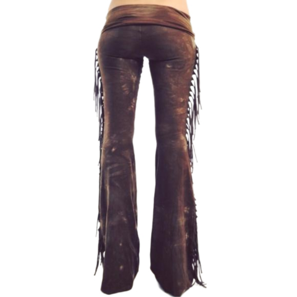 PETITE LENGTH Hiphugger Fringe Bell Bottoms in BROWN TIE DYE Rocker Festival - Picture 9 of 13